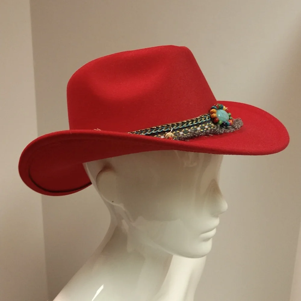 RESERVED Southern Red Cowboy Hat Turquoise Tassels Pendants Fringe Accent Boho - Picture 7 of 17